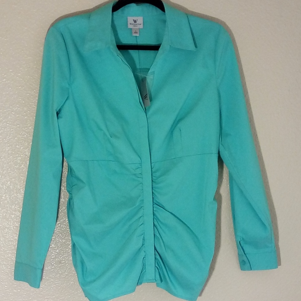 New Rouched Stretch V Neck Button Up L/S Shirt